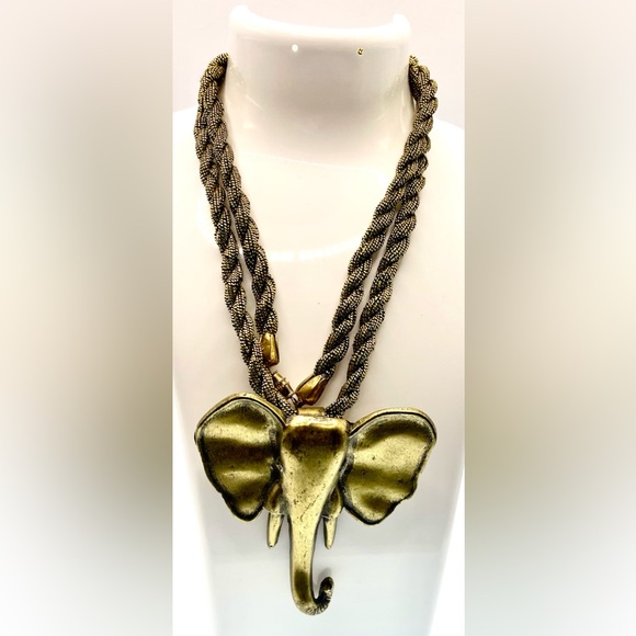 Vintage Large Brass Elephant Pendant on Black and Gold Cord Necklace Boho - Picture 2 of 8